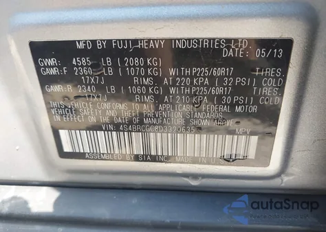 2013 Subaru Outback 2.5I Premium z USA, uszkodzony, nr VIN 4S4BRCGC8D3320635